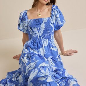 Eliza Puff Sleeve Floral Midi Dress